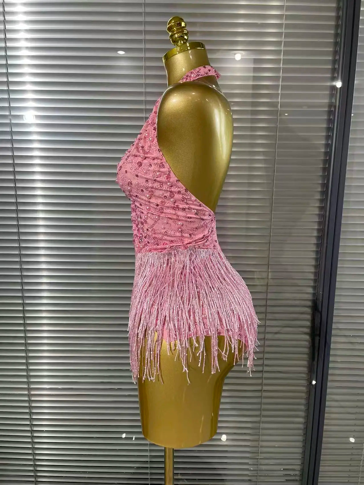 Vintage-Inspired Beaded Tassel Bodysuit Performance Costume