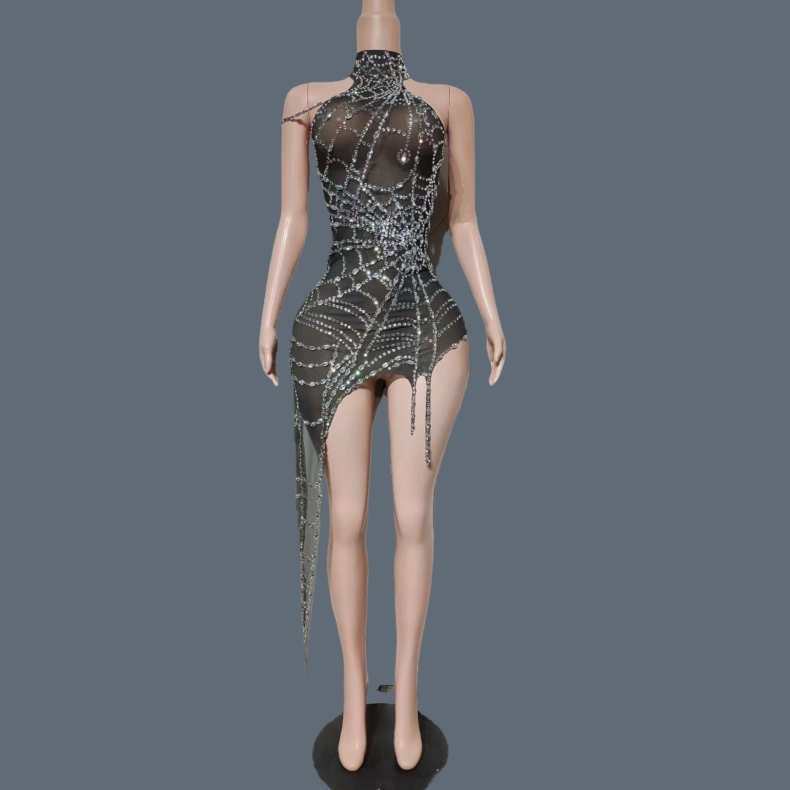 Sparkly Silver Rhinestone Spider Web Mesh Stage Performance Costume Set
