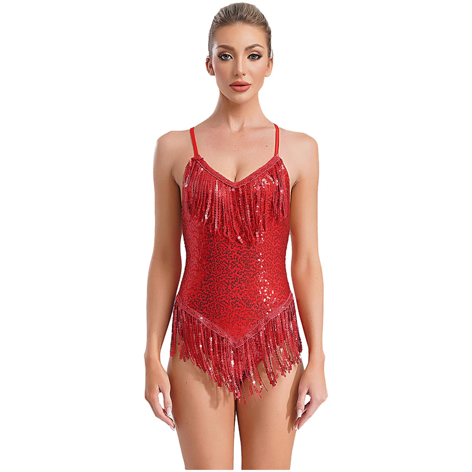 Sequins Fringed Cross Back Latin Dance Leotard Sleeveless V-Neck Bodysuit