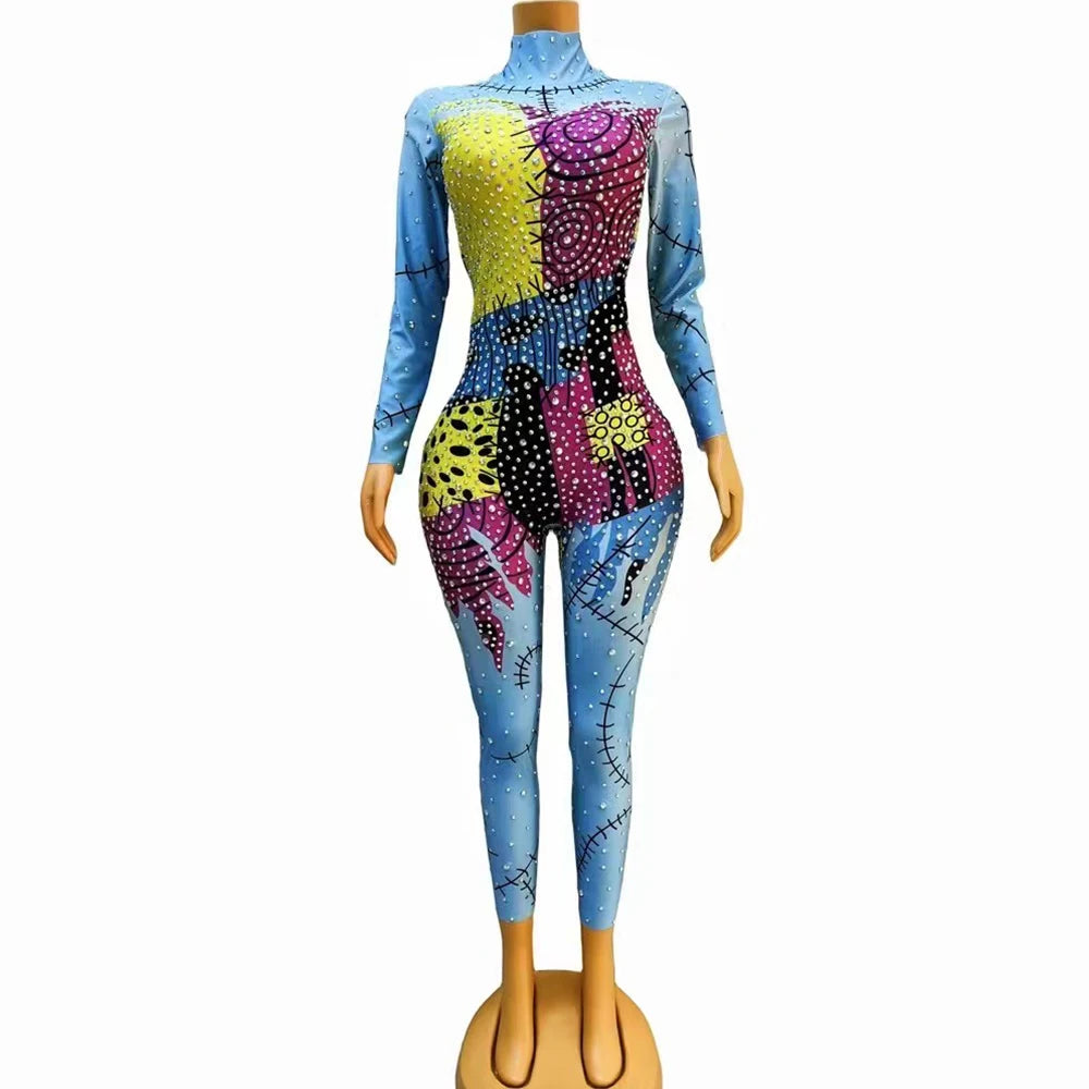 Women's Sky Blue AB Rhinestone Bodysuit & Leggings Set | Colorful Sparkly Jumpsuit for Stage & Club