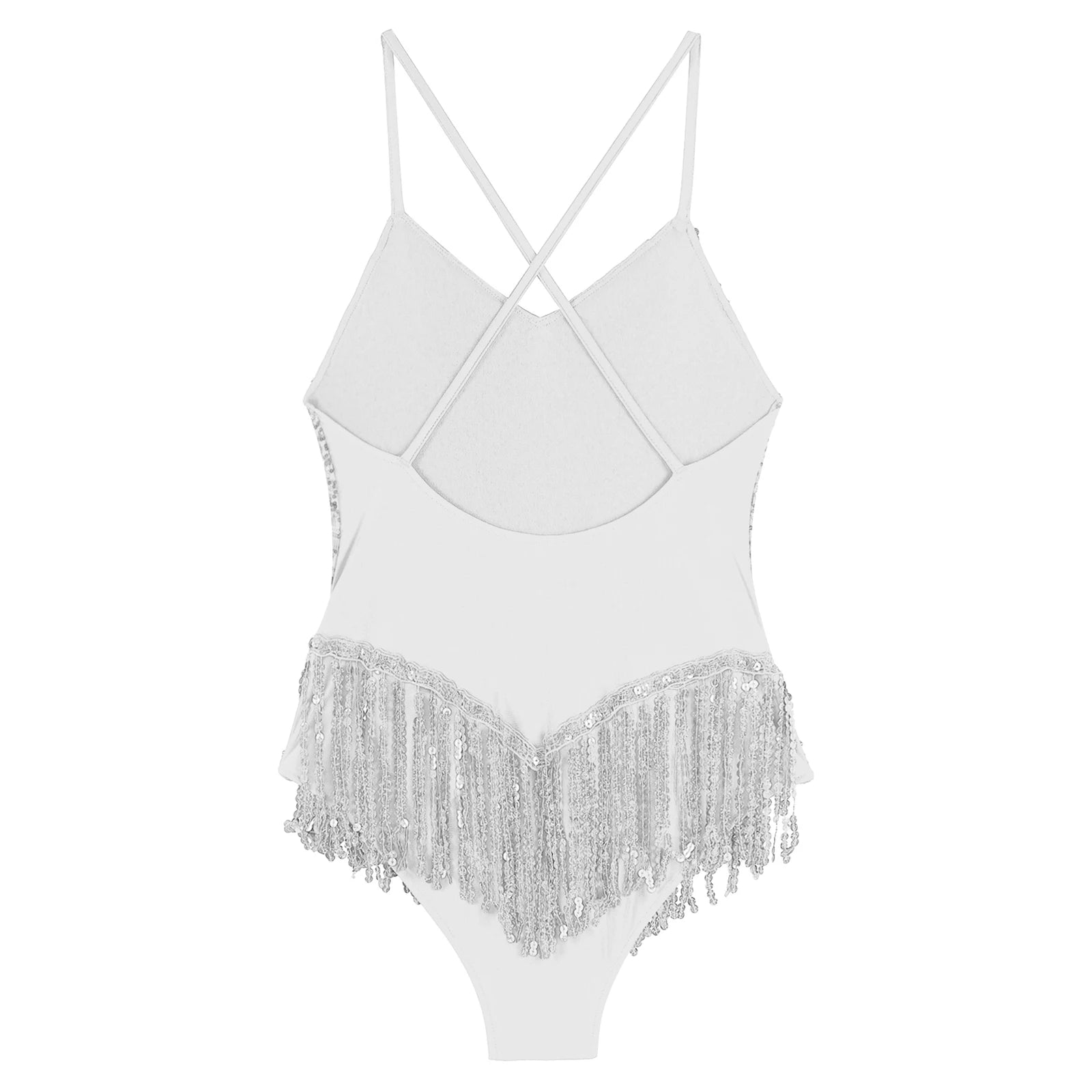 Sequins Fringed Cross Back Latin Dance Leotard Sleeveless V-Neck Bodysuit
