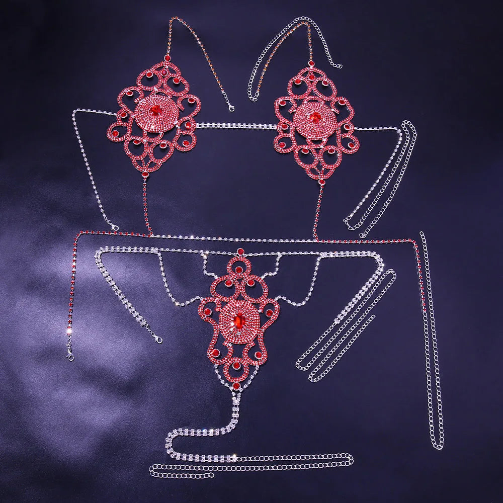 Exaggerated Red Rhinestone Floral Body Chain & Chest Harness Set