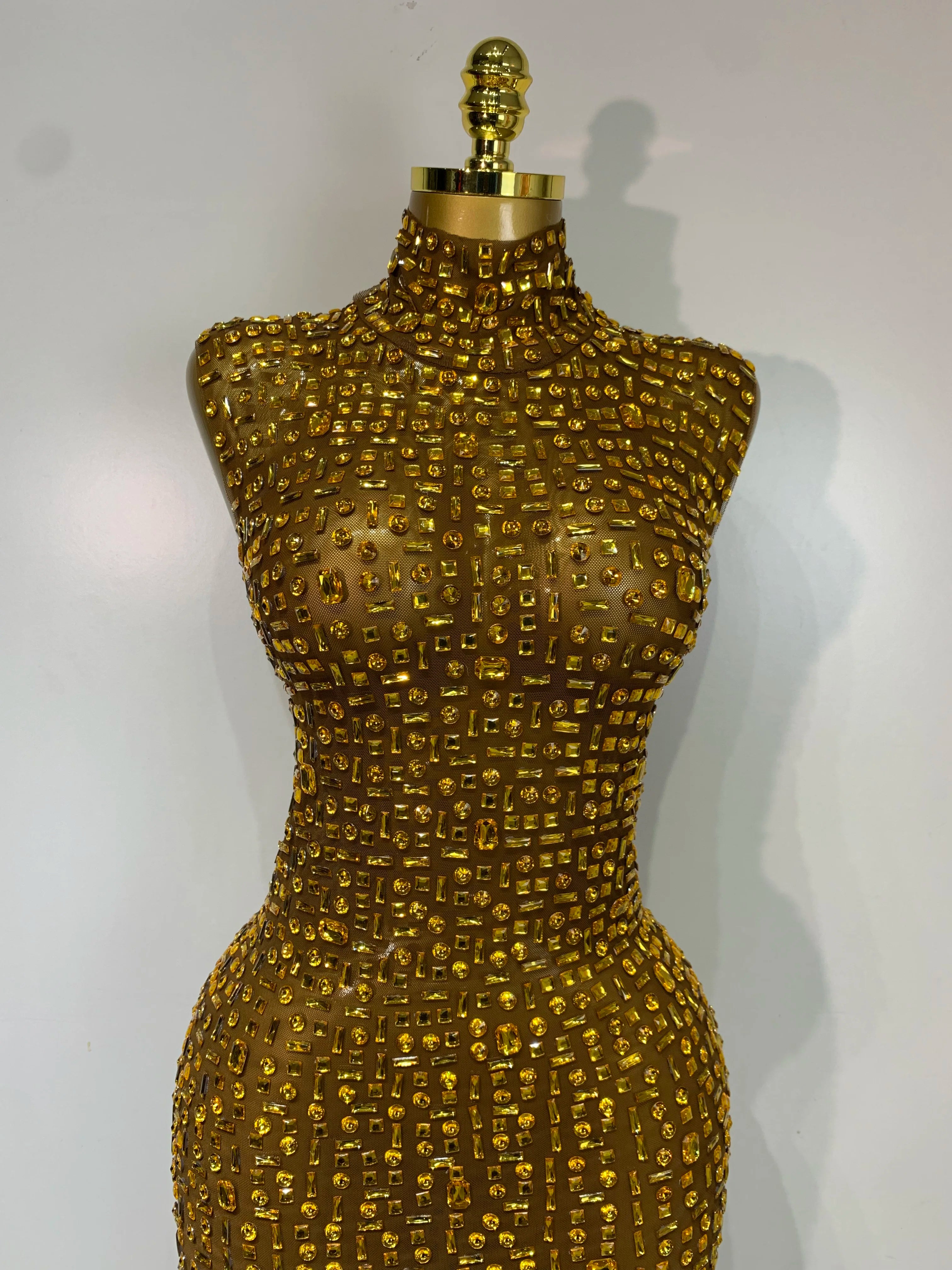 Sparkly Rhinestone Sleeveless Maxi Long Dress See-Through Sheer Mesh Stage Outfit