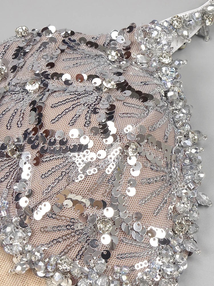 Silver Sequin Plunge Backless Maxi Dress
