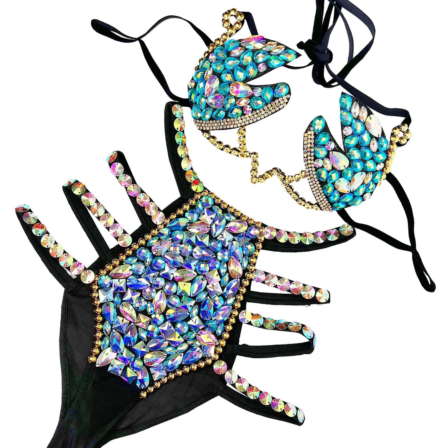 Sparkly Samba Carnival Stone Wire Bra & Bikini Bottom Set Stage Costume