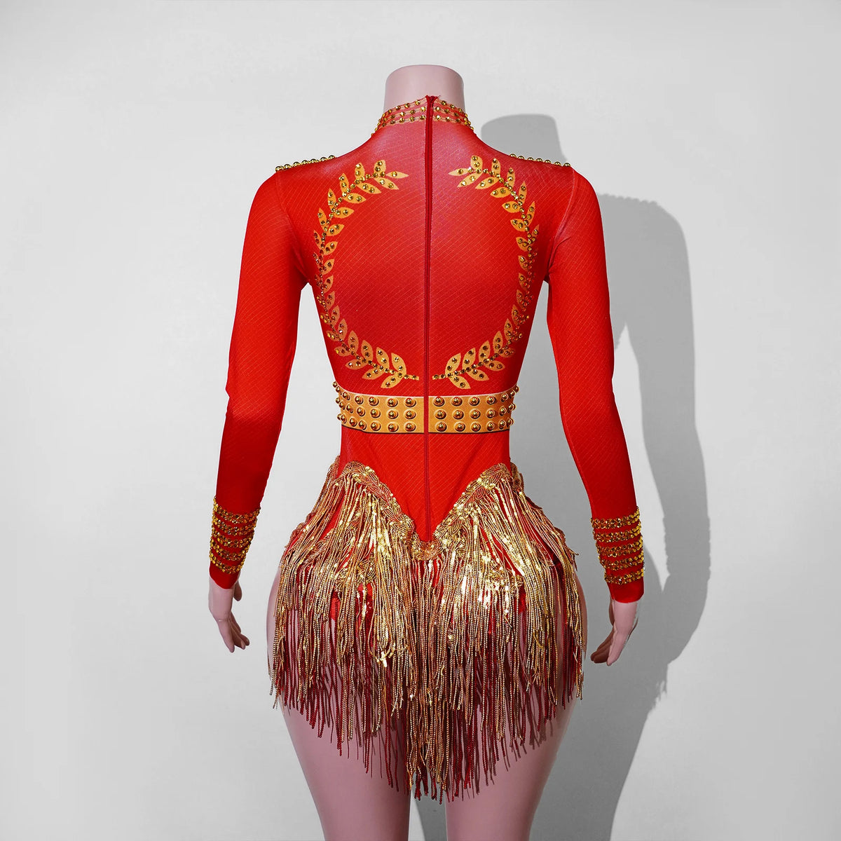 Red Ringmaster Circus Costume for Women | Gold Fringe Leotard for Stage & Dance