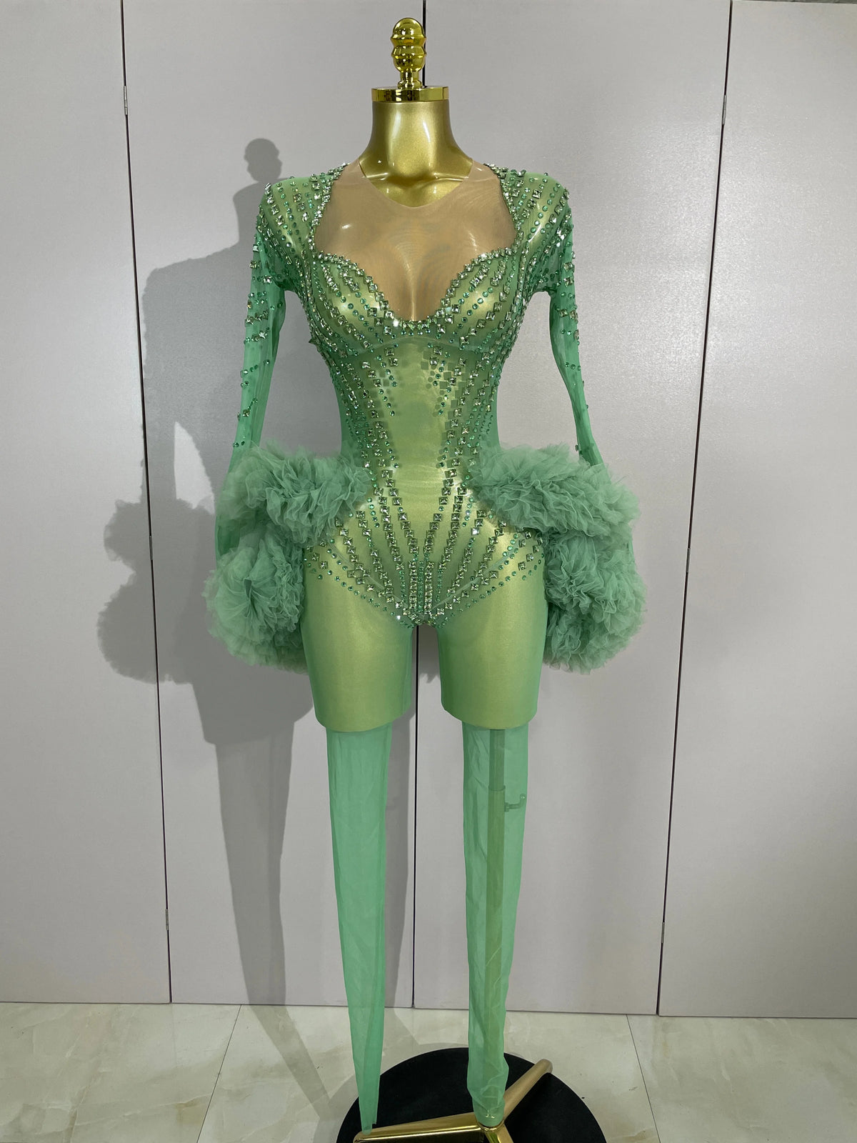 Green Rhinestone Mesh Performance Jumpsuit