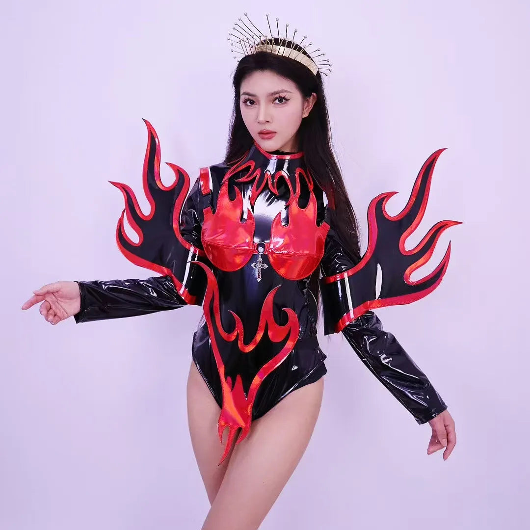 Flame Patent Leather Bodysuit & Sculpted Wing Shoulders 2-Piece Stage Costume Set