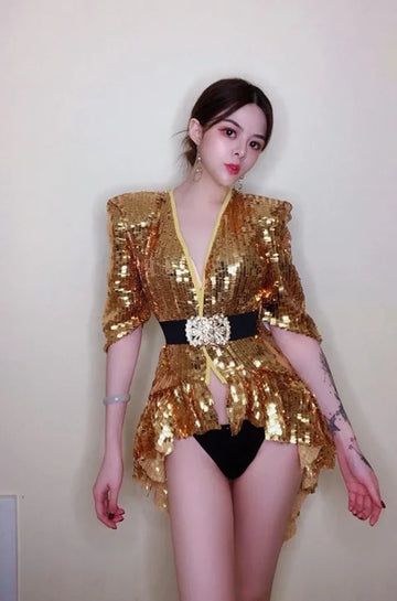 Sequined Shoulder Pad Tuxedo Leotard & Stage Performance Costume