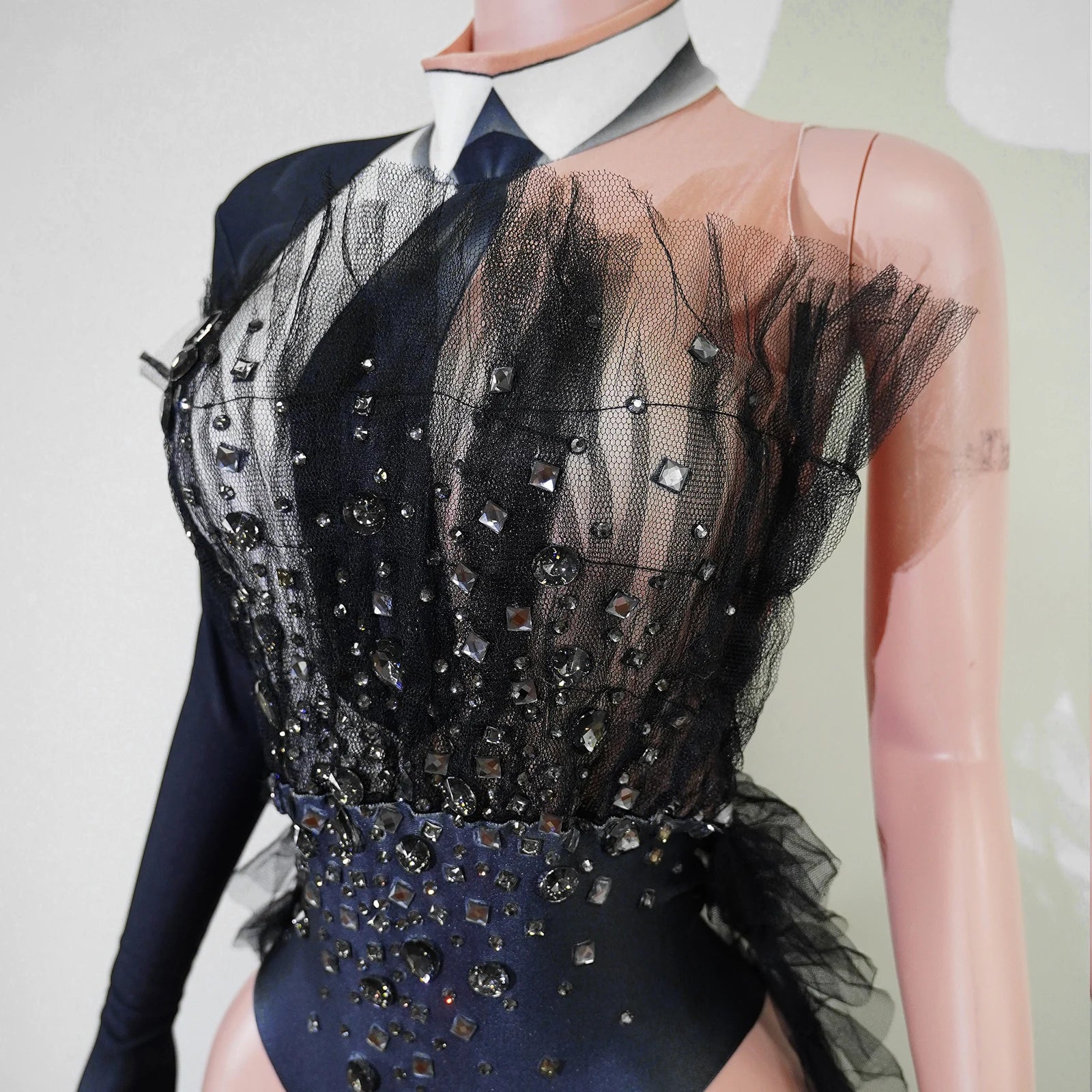 Black Rhinestone One-Shoulder Bodysuit & Trailing Tulle Train Stage Costume Set