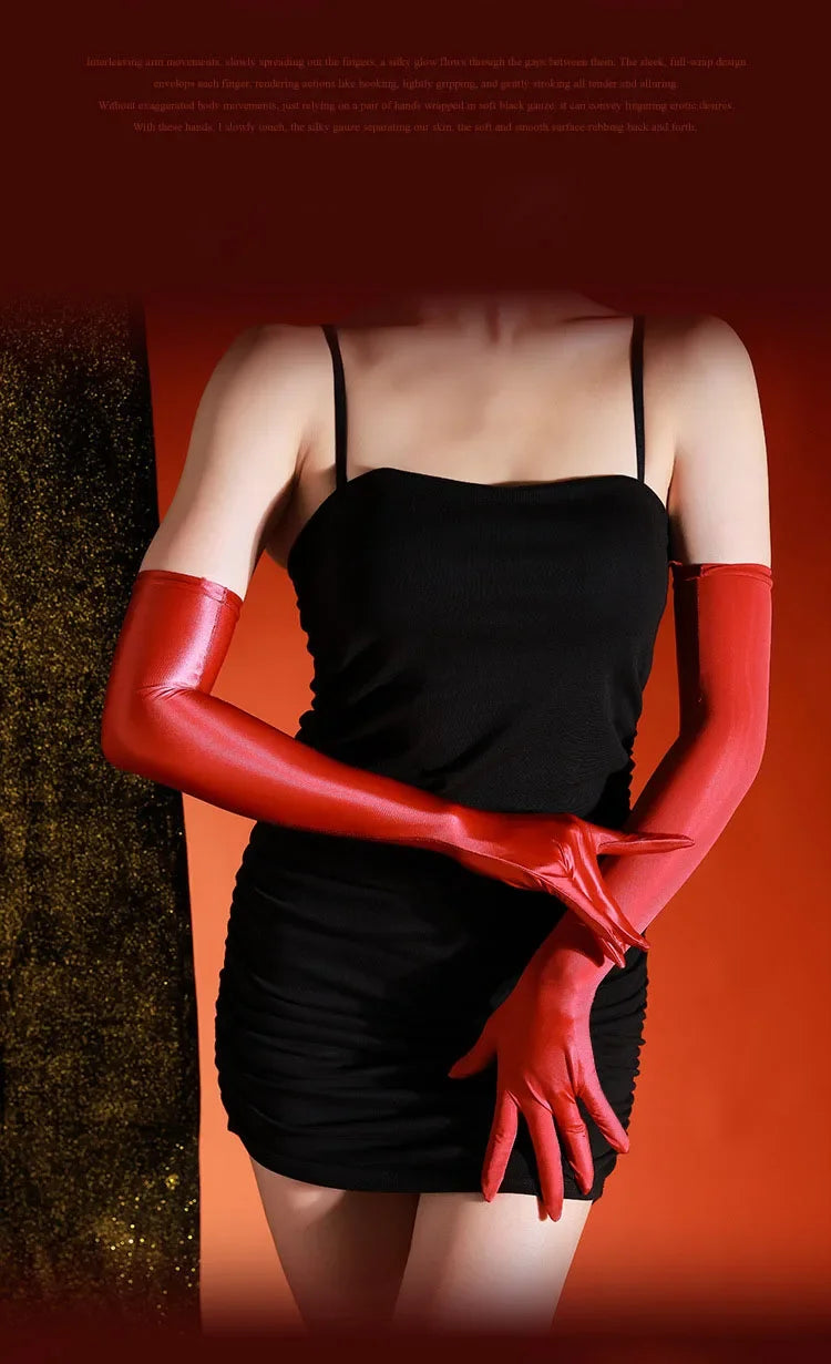 80D Satin Shiny Five Finger Gloves Stage Performance Unisex Gloves High Elastic Long Gloves Party Sun protection Driving Gloves