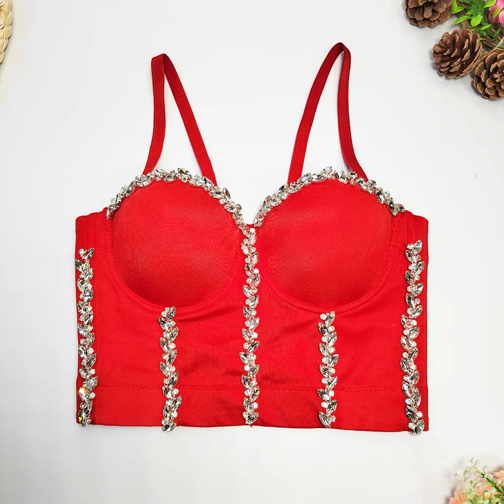 Crystal Chain Strap Bustier Corset Crop Top Hook-and-Eye Stage Bralette