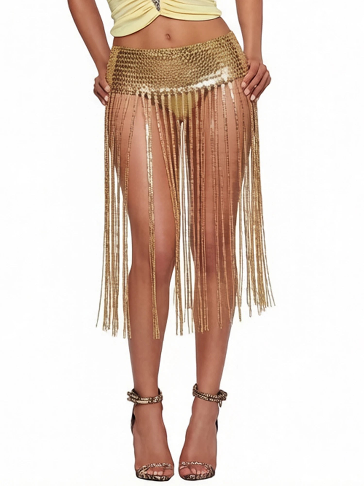 Metallic Sequin Tassel Fringe Maxi Skirt Sparkly Festival Stage Dance Cover-Up