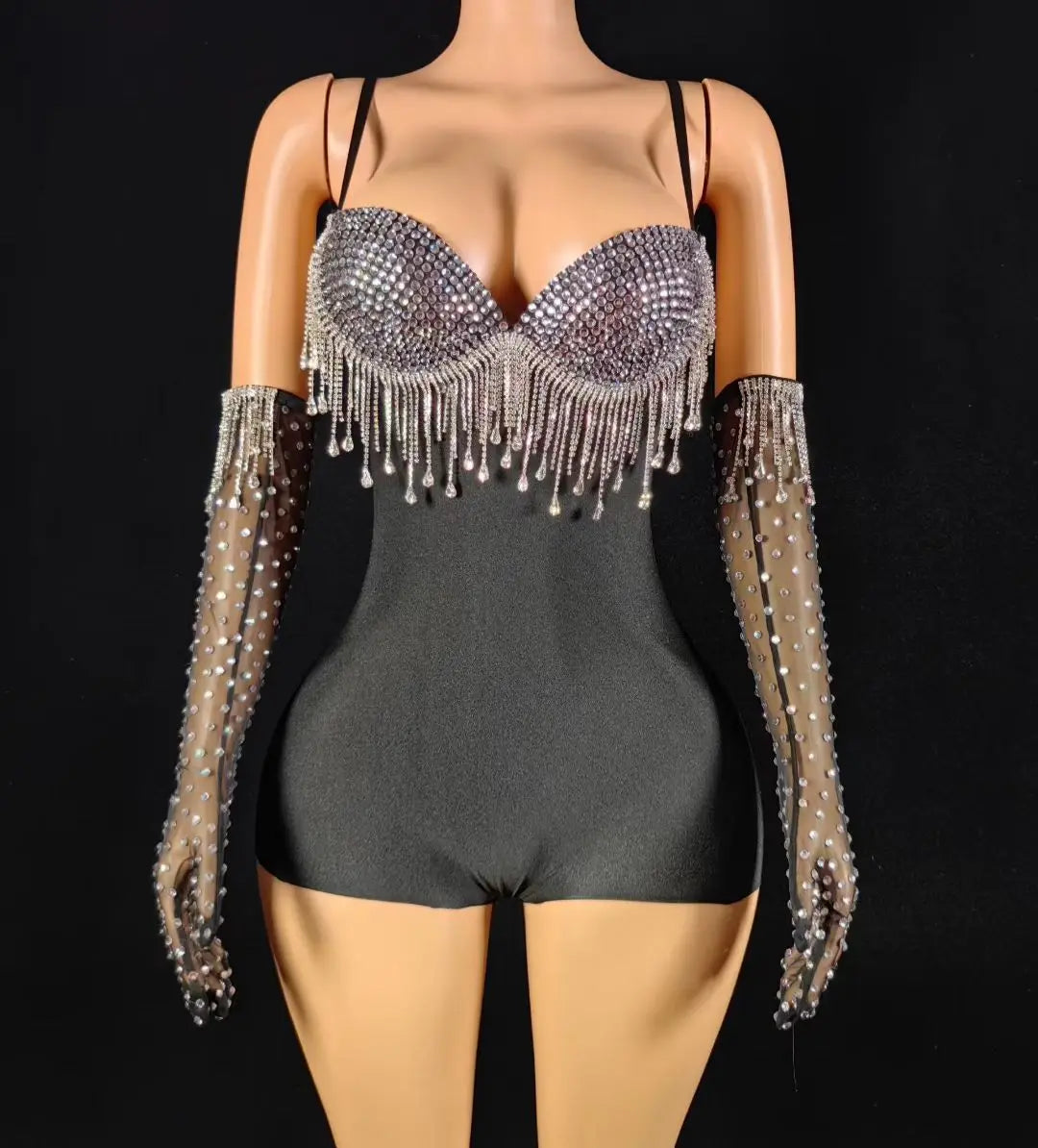 Black Spandex Crystal Tassel Bodysuit with Matching Gloves Stage Performance Set