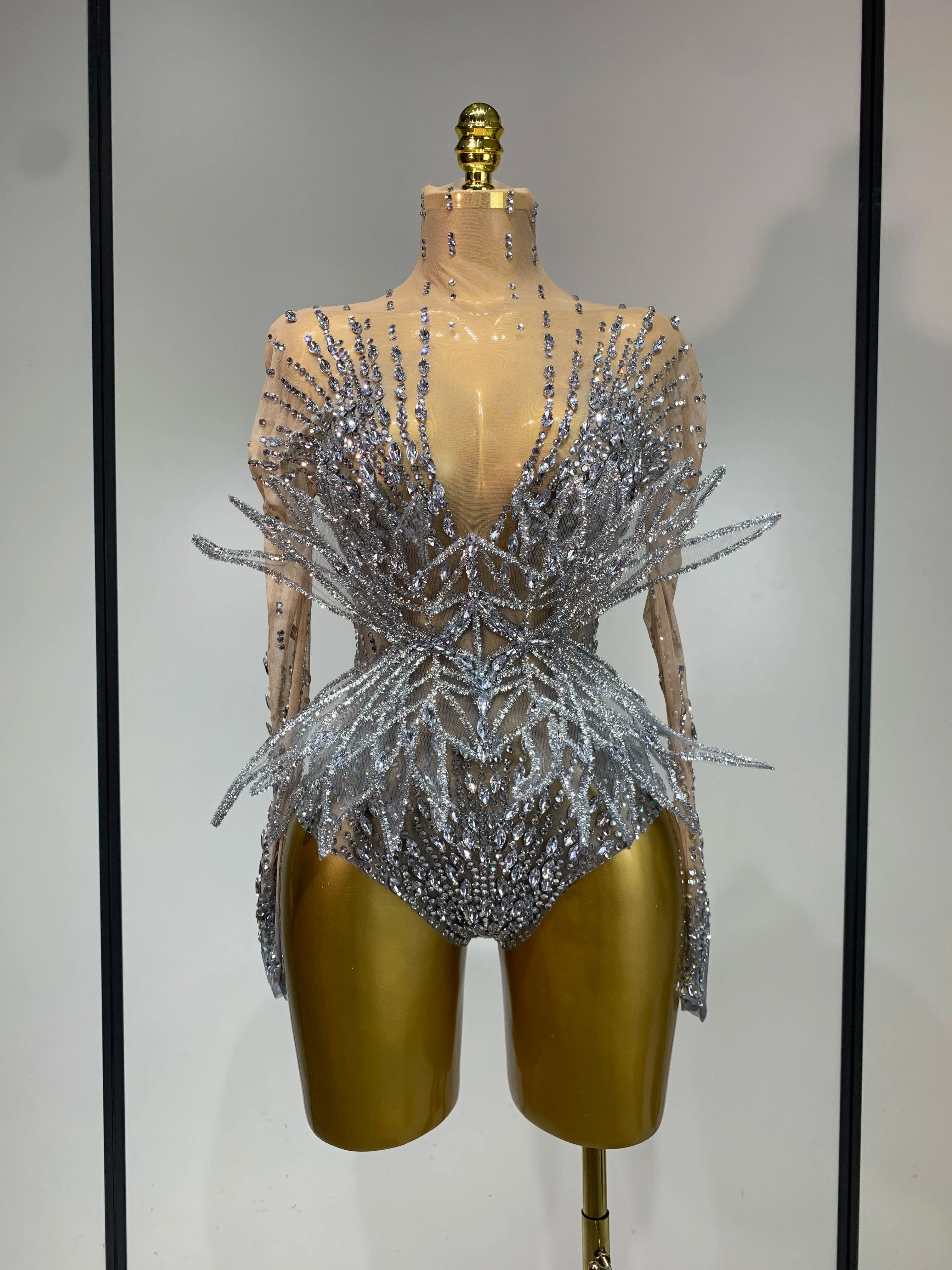 Luxury Shining Diamond See-Through Mesh Bodysuit Stage Performance Jumpsuit