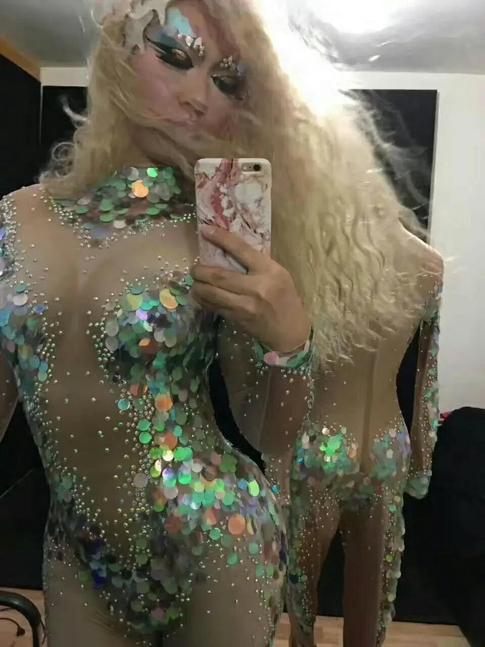 Mermaid Scale Sequin & Crystal Catsuit Illusion Mesh Long-Sleeve Jumpsuit Stage Costume