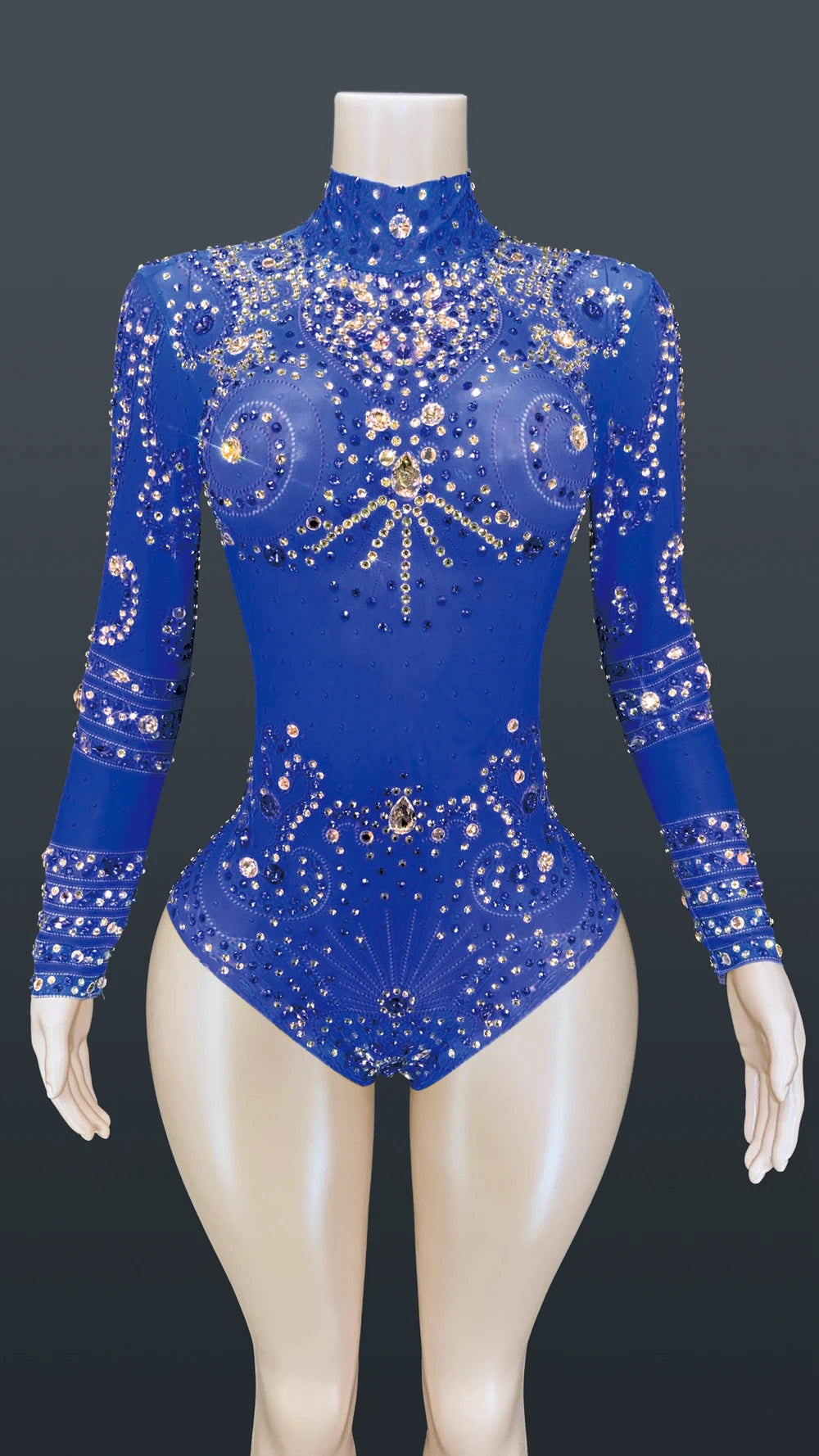 Sparkly Crystals Long-Sleeve Mesh Bodysuit Stage Performance Costume