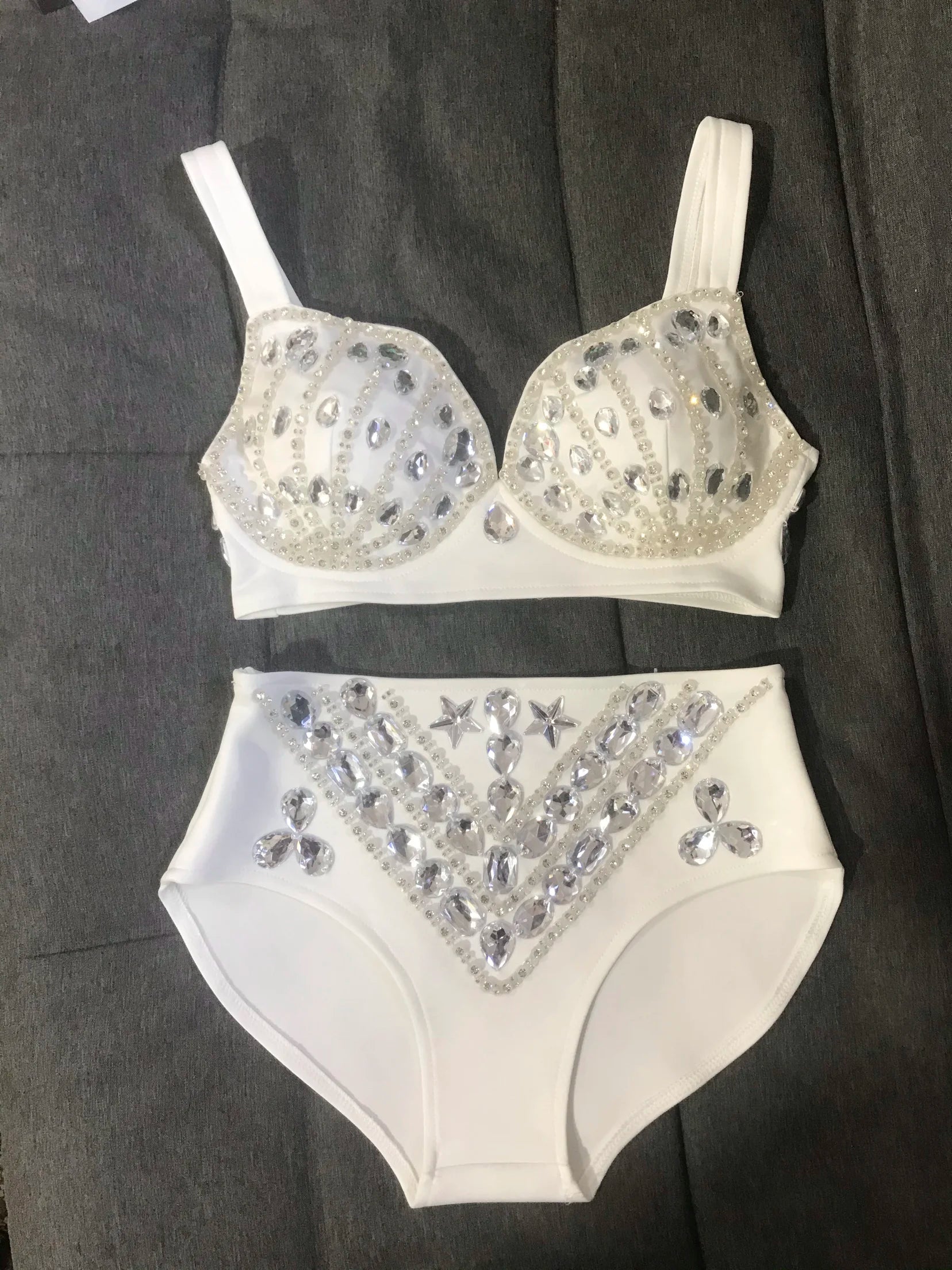 Rhinestone Bikini Bra & High-Waist Shorts 2-Piece Performance Costume Set