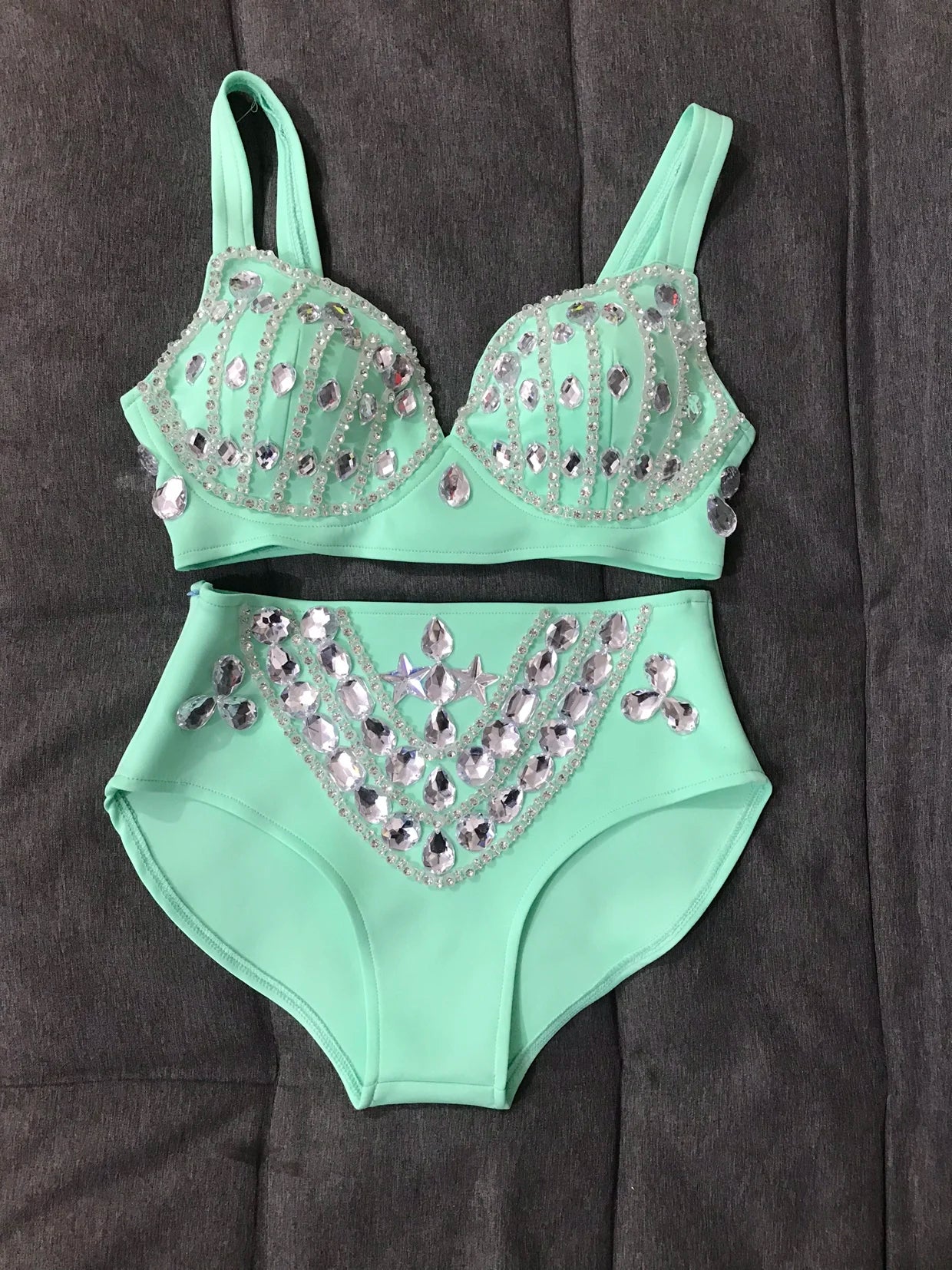 Rhinestone Bikini Bra & High-Waist Shorts 2-Piece Performance Costume Set