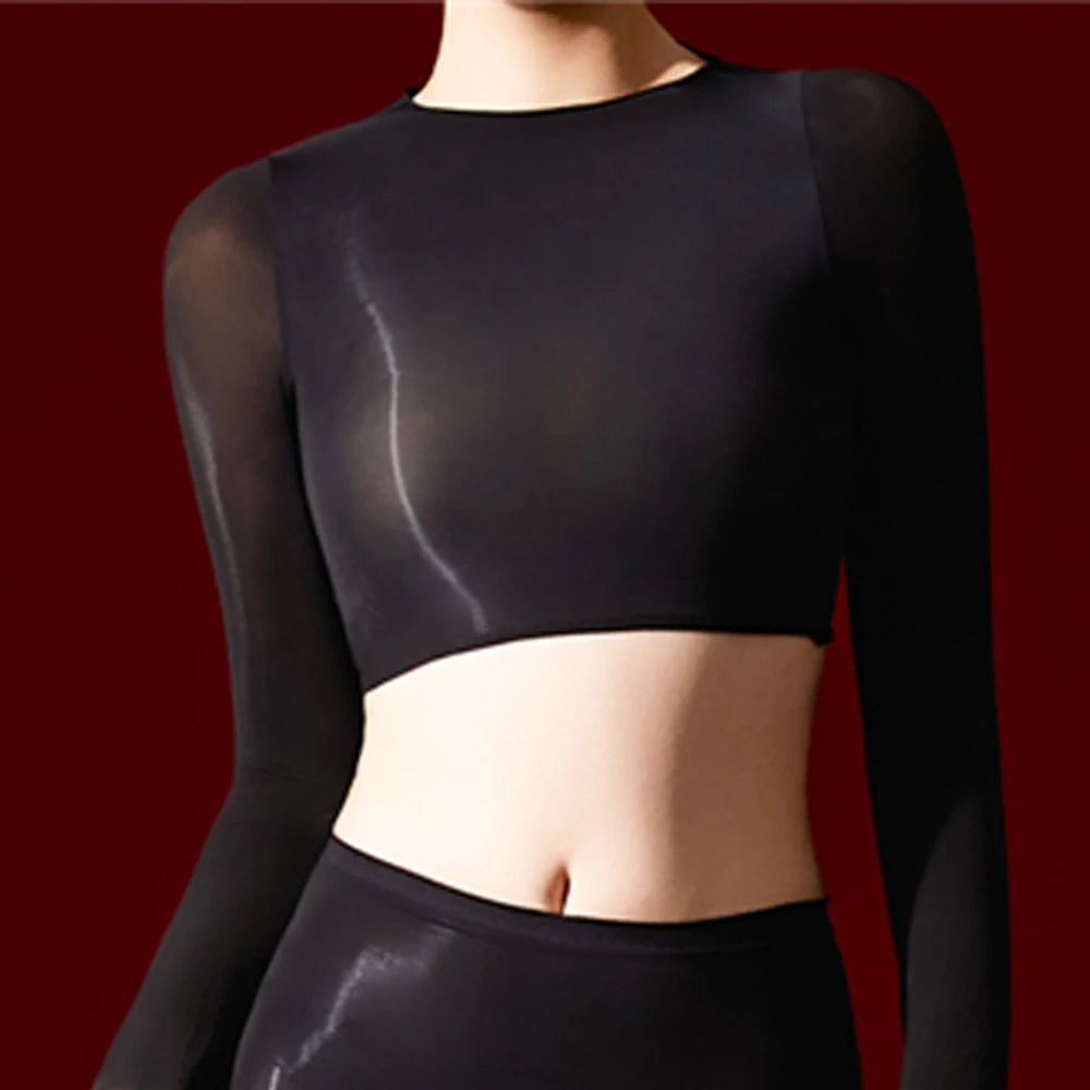 Sexy Women 5D 912 Pin Oil Glossy Shiny Short Top Elastic T-shirt Sheer See Through Maid Tights Crop Tops Yoga Street Wear
