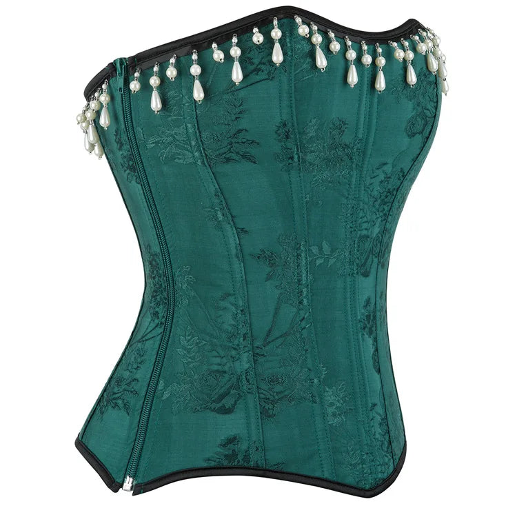 Green Floral Jacquard Overbust Corset Pearl Tassel Trim Bustier Top