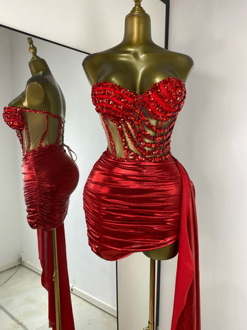 Rhinestone Tube Bustier Corset Top & Bronzing Mini Skirt 2-Piece Performance Set