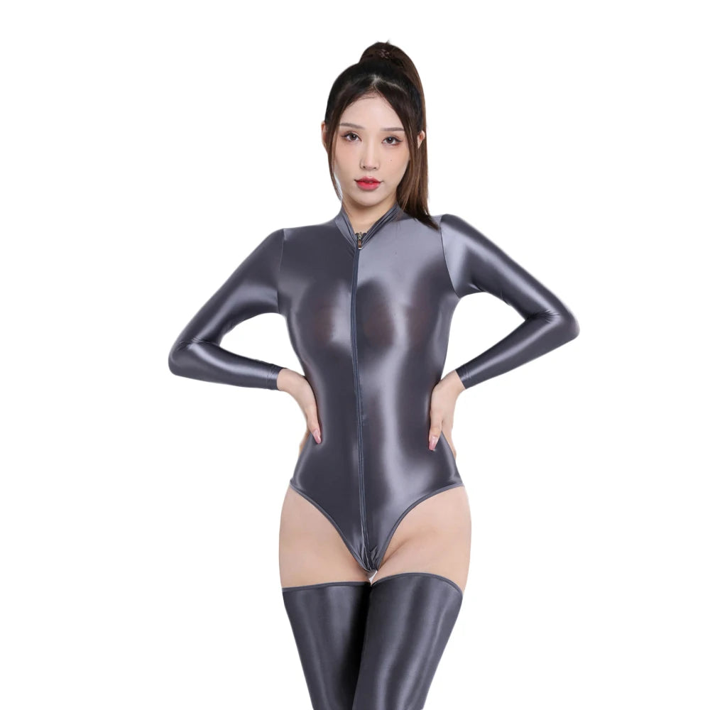 Zipper Open Crotch High Cut Oil Glossy Bodysuit Satin Sheer Maid Leotard