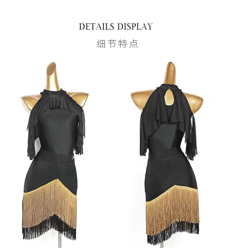 Black High-Neck Short-Sleeve Bodysuit & Gold Fringe Skirt Latin Dance Costume Set