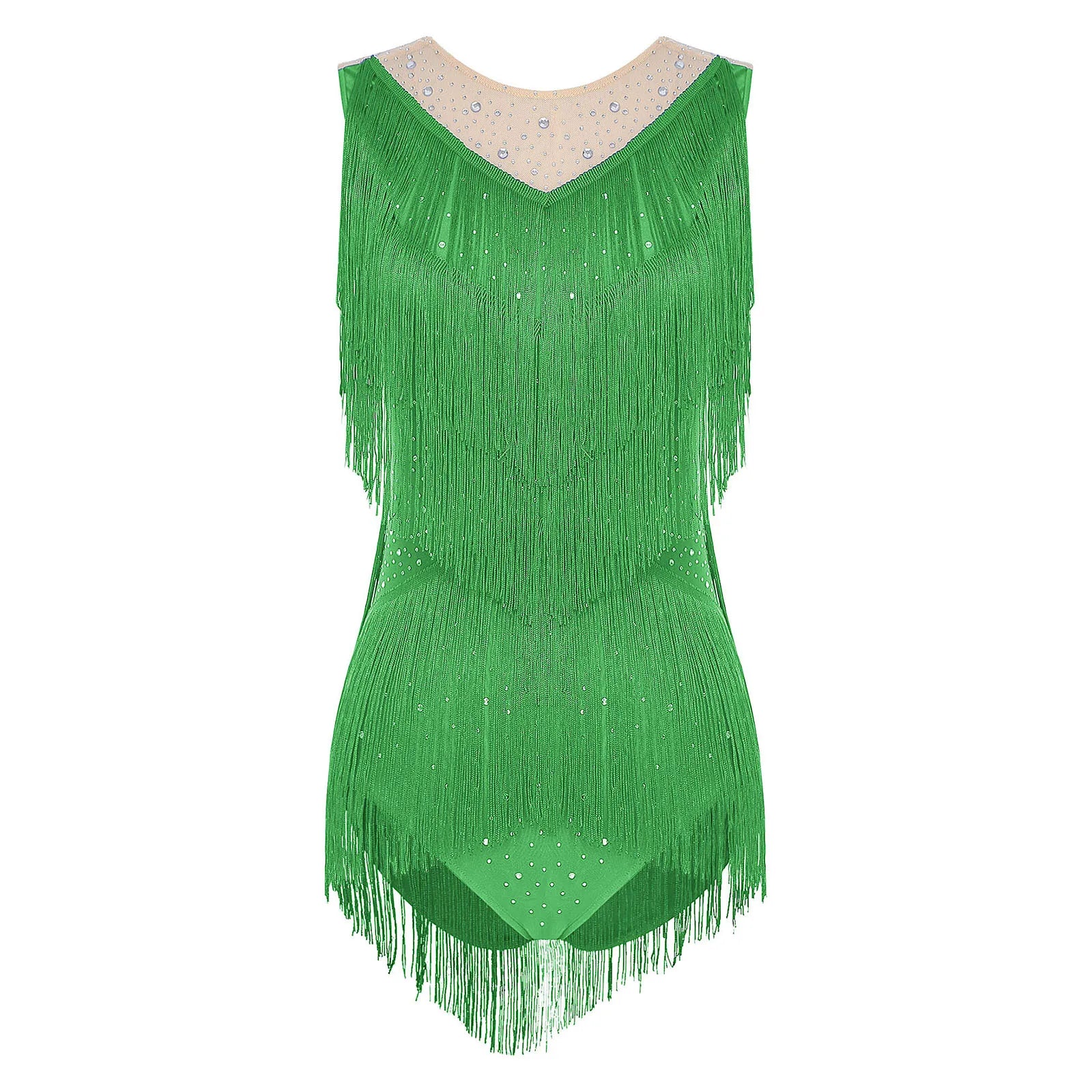 Sparkly Rhinestone & Tassel Fringe Latin Dance Leotard Crew Neck Bodysuit