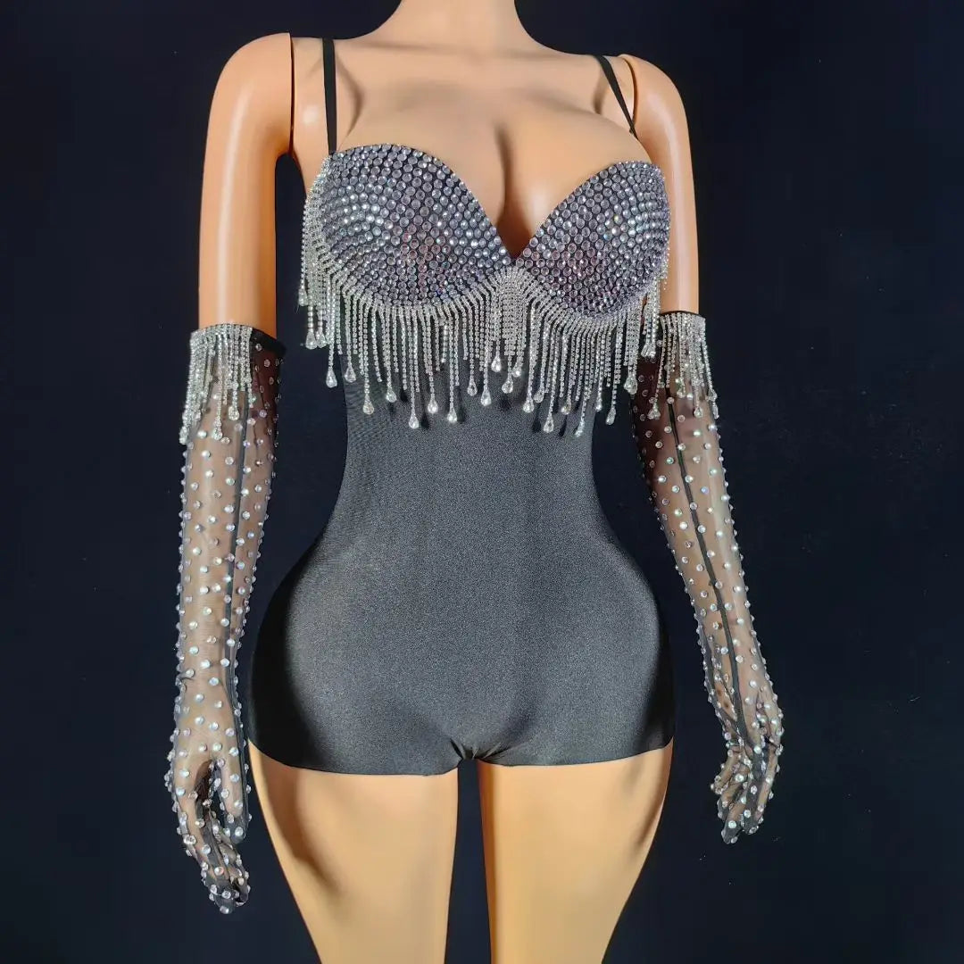 Black Spandex Crystal Tassel Bodysuit with Matching Gloves Stage Performance Set