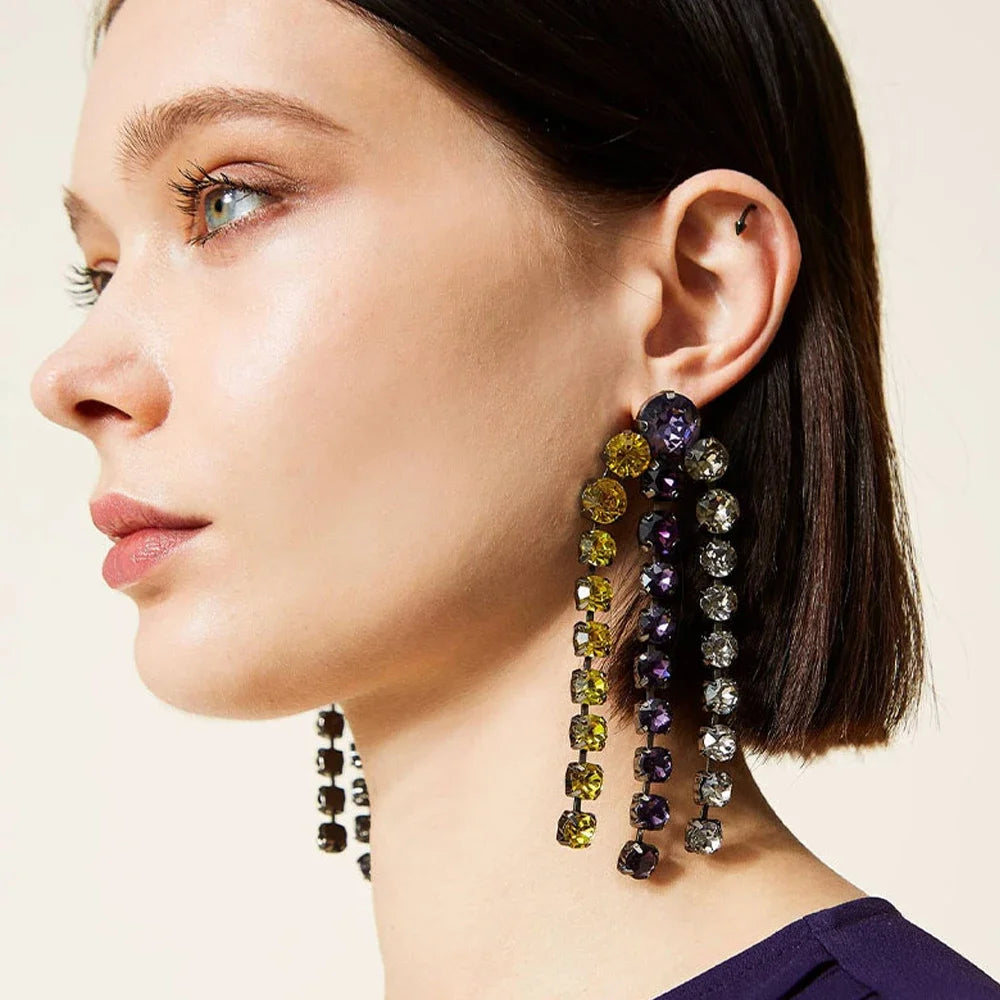 Colorful Crystal Rhinestone Long Tassel Statement Earrings Stage Performance Jewelry