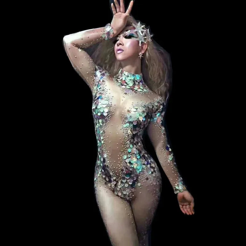 Mermaid Scale Sequin & Crystal Catsuit Illusion Mesh Long-Sleeve Jumpsuit Stage Costume