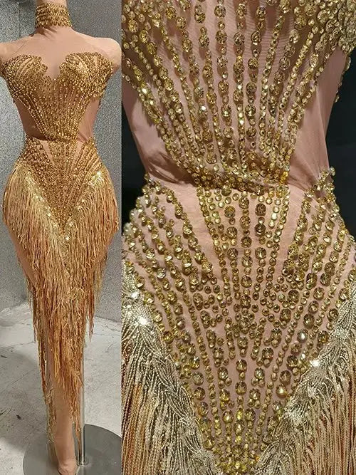 Sparkly Rhinestone, Pearl & Tassel Transparent Performance Dress Stage Costume