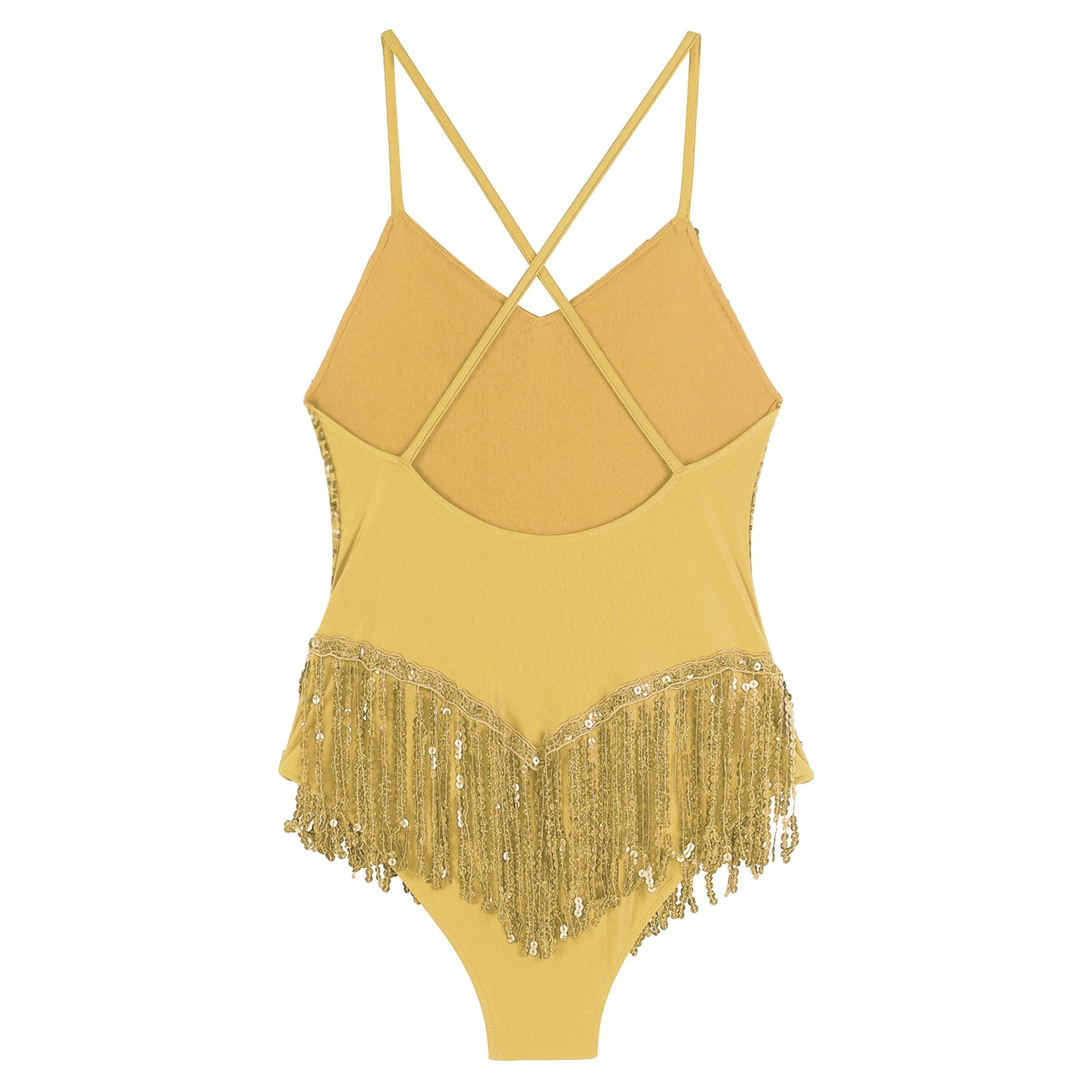 Sequins Fringed Cross Back Latin Dance Leotard Sleeveless V-Neck Bodysuit