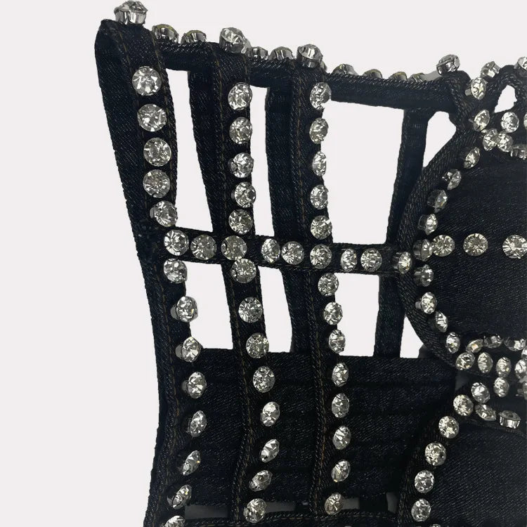 Studded Denim Bustier Crop Top Studded Punk Style Stage Costume Top