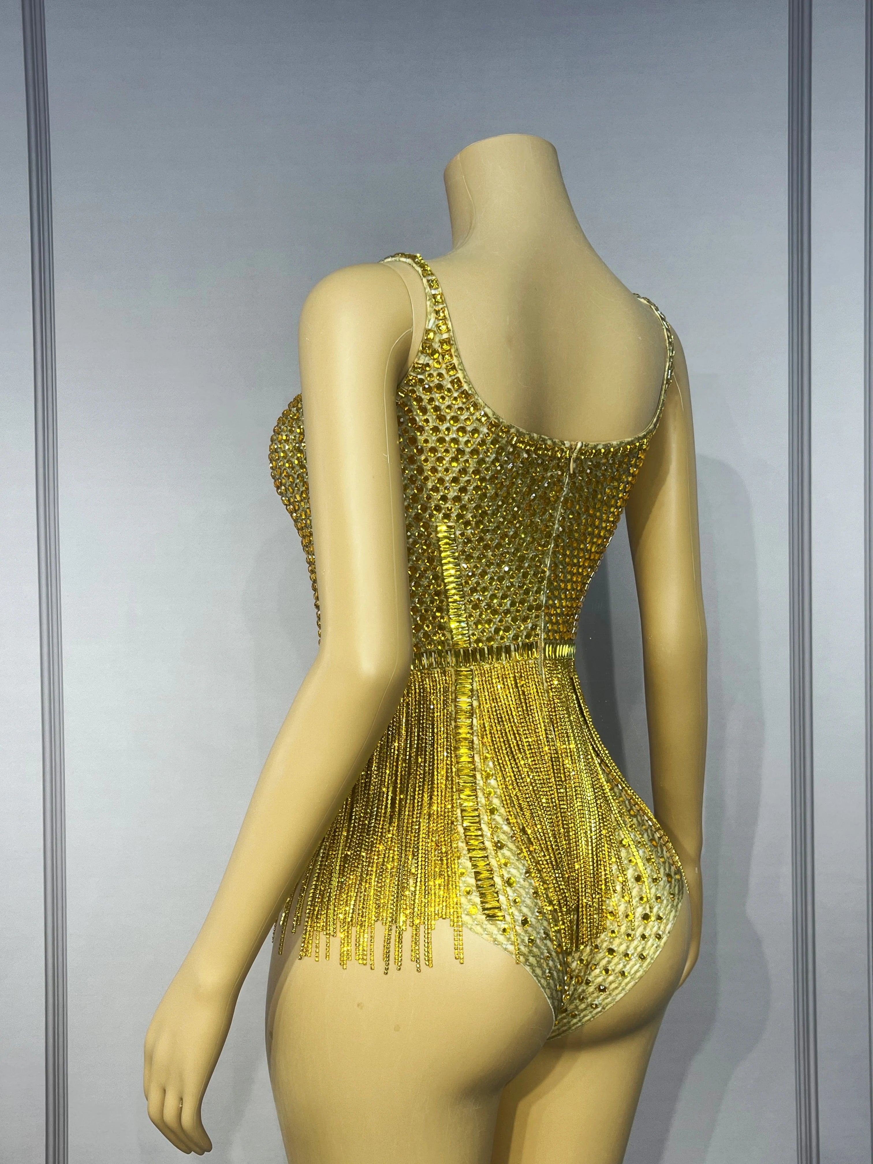 Gold Crystal Rhinestone Chain High-Cut Stage Performance Bodysuit Leotard