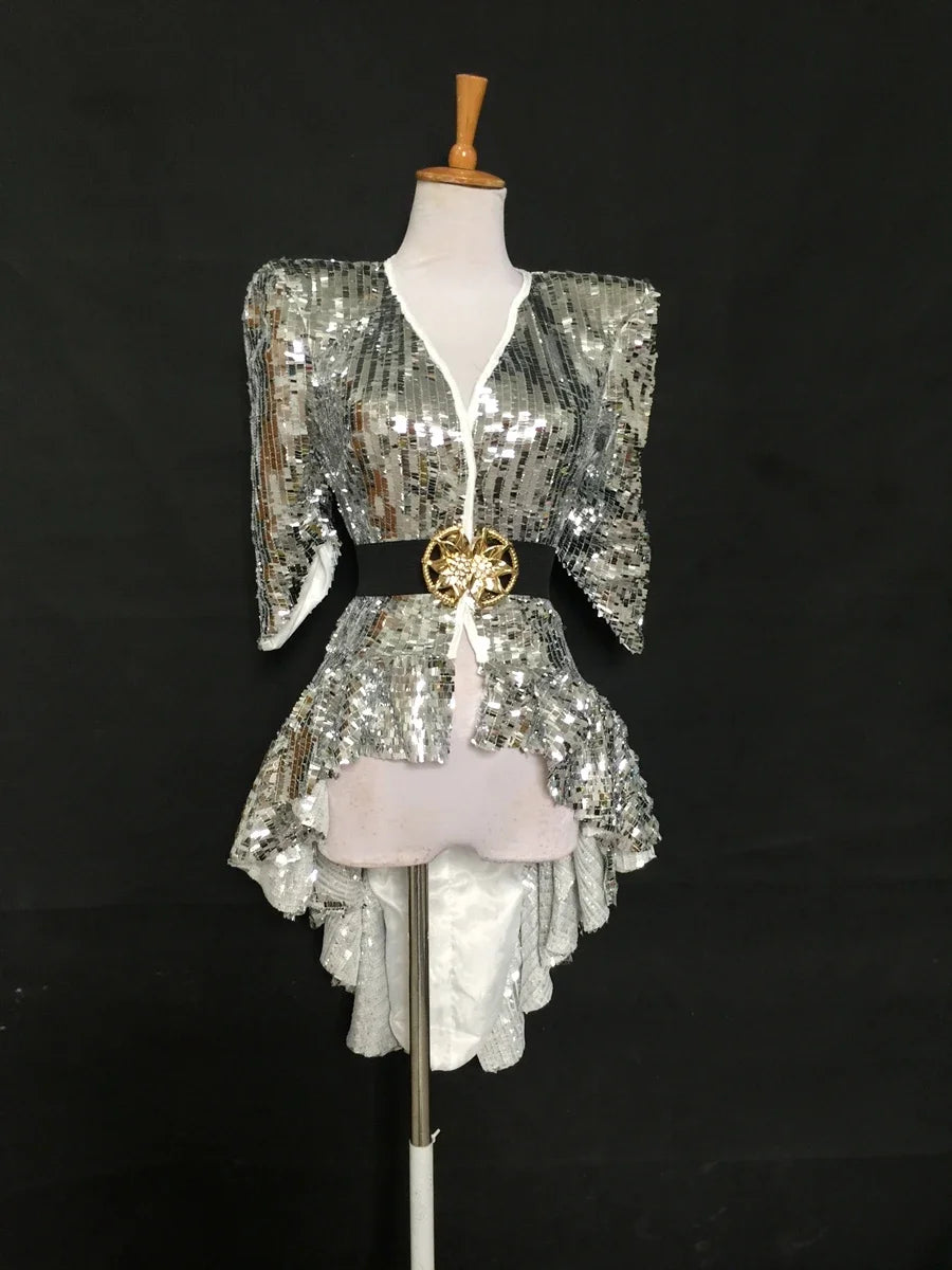 Sequined Shoulder Pad Tuxedo Leotard & Stage Performance Costume