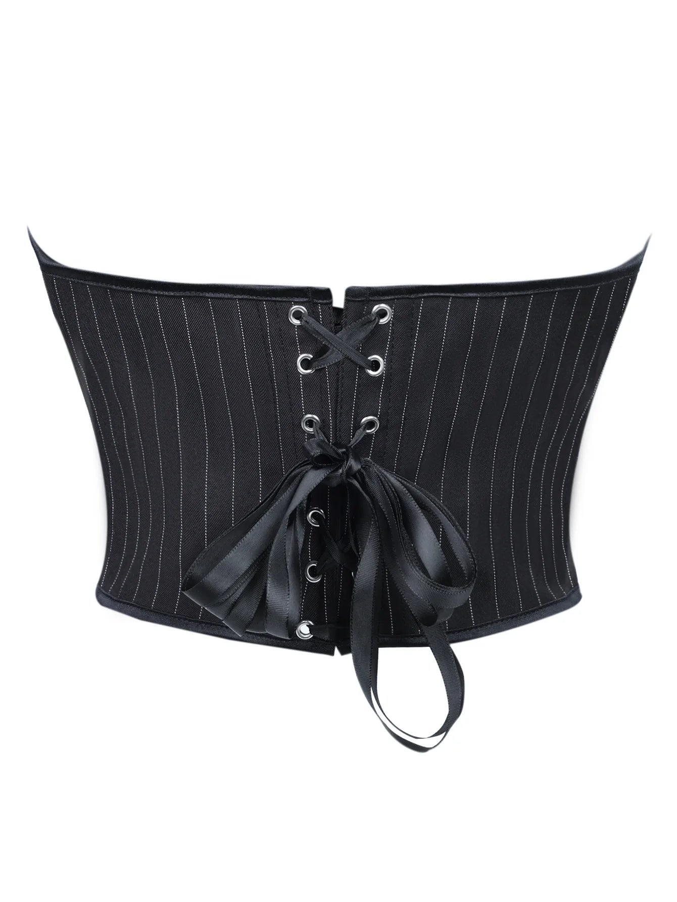 Black Striped Overbust Corset Top Zipper Front Lace-Up Bustier Body Shaper