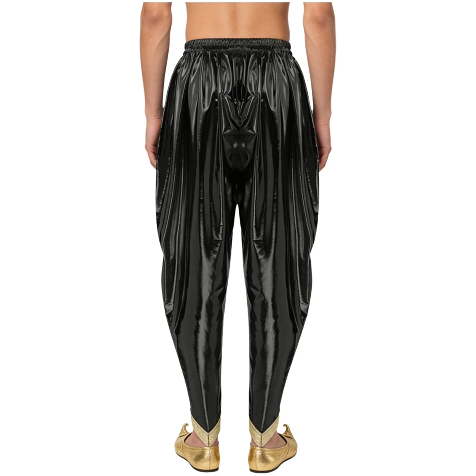 Men's Metallic Shiny Harem Dhoti Pants Gold Brocade Trim Prince Cosplay Costume