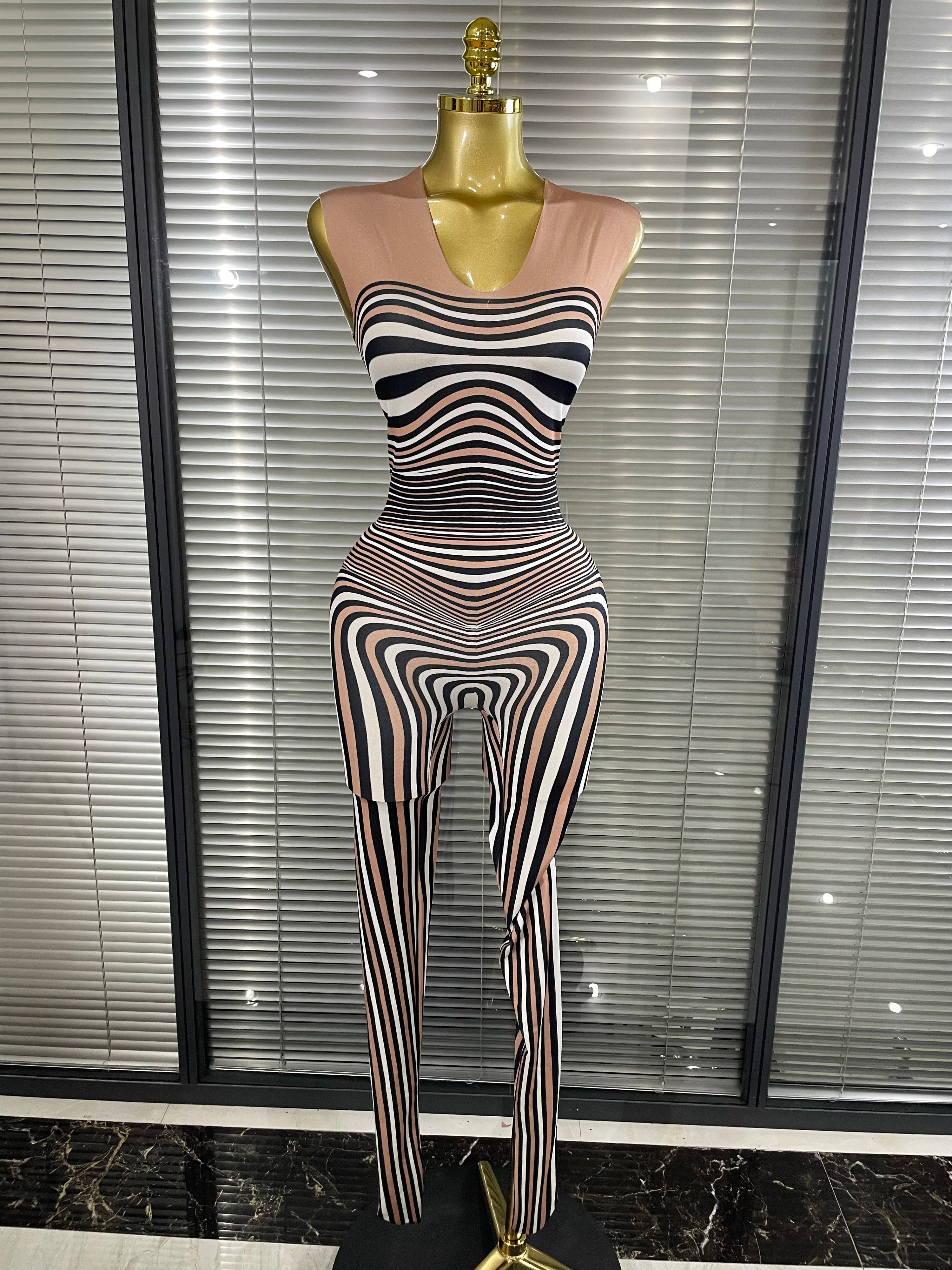 Zebra Print Illusion Catsuit & Feather Wing Bolero Jacket 2-Piece Stage Costume Set