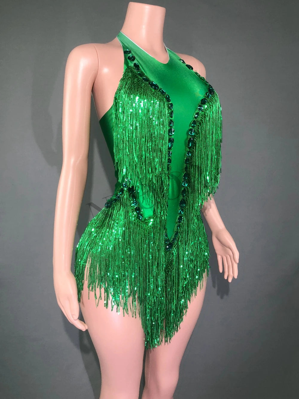 Sparkly Emerald Green Rhinestone Sequin Fringe Bodysuit Backless Stage Leotard