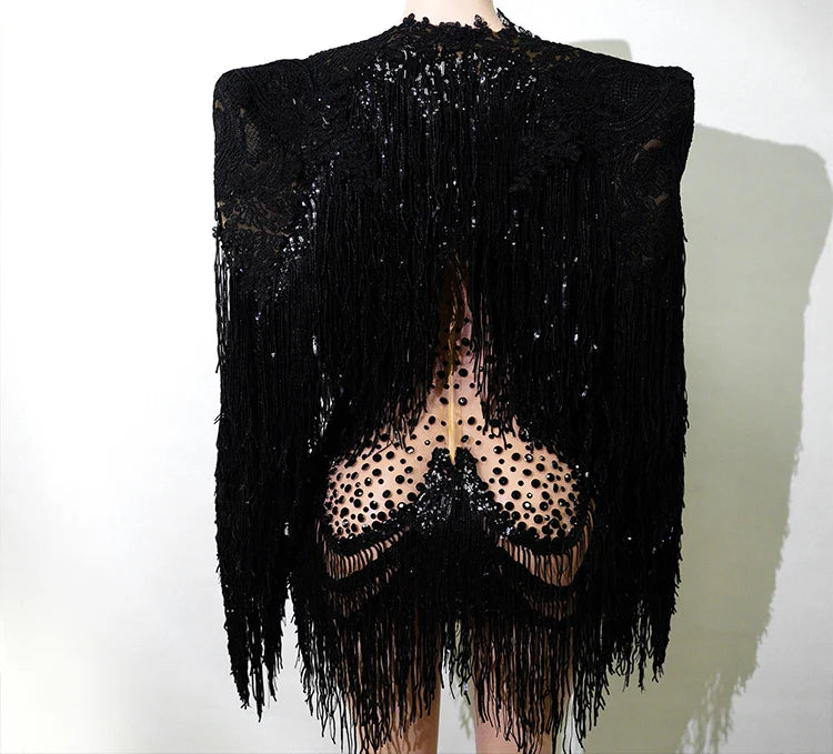 Rhinestone Tassel Fringe Jacket And Dress Costume Set