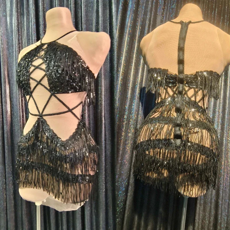 Black Sequin Cutout Fringe Mini Dress Crisscross Strappy Gogo Stage Costume