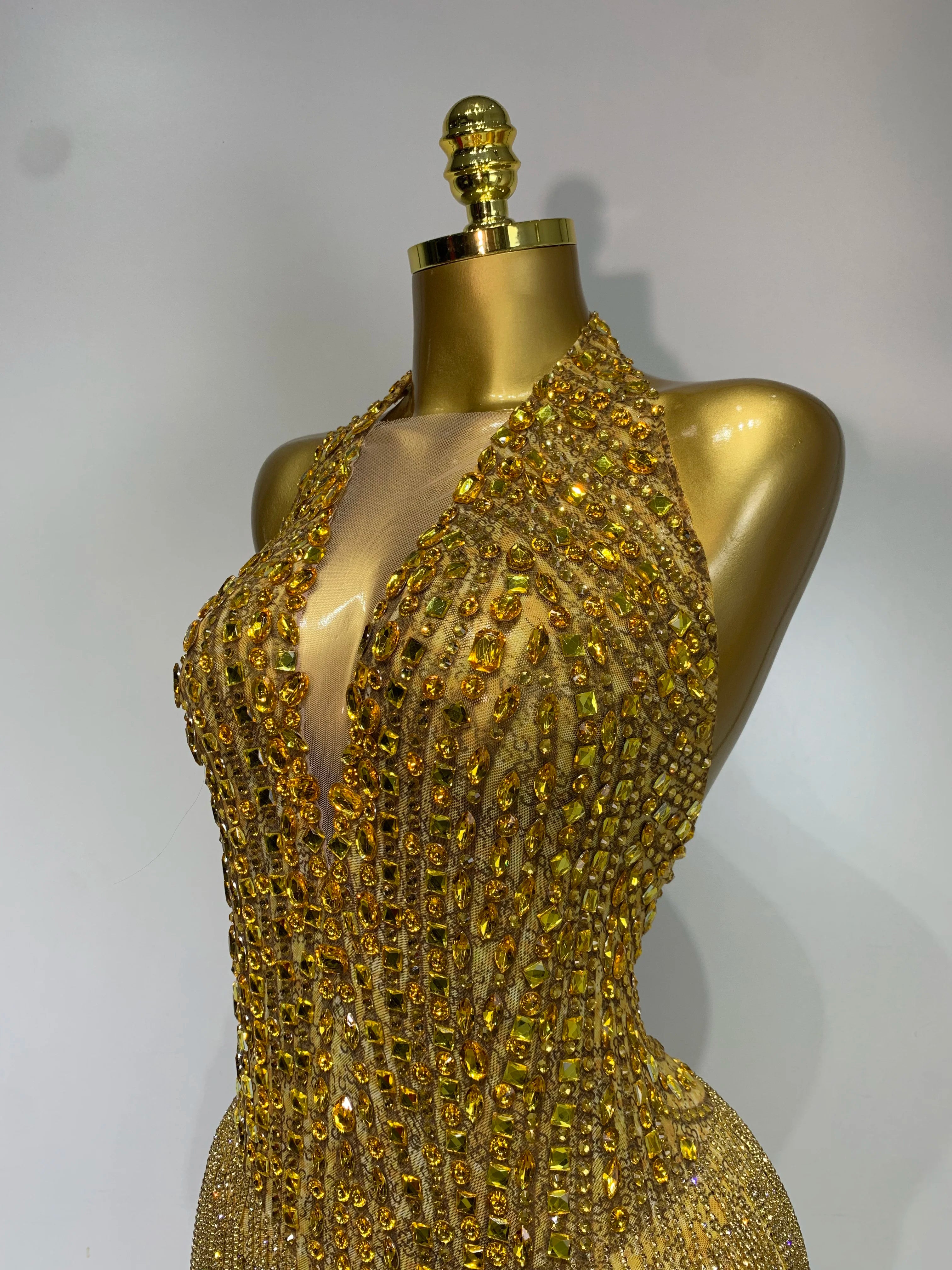 Gold Rhinestone Sheer Mesh Bodysuit Luxury Stage Performance Jumpsuit