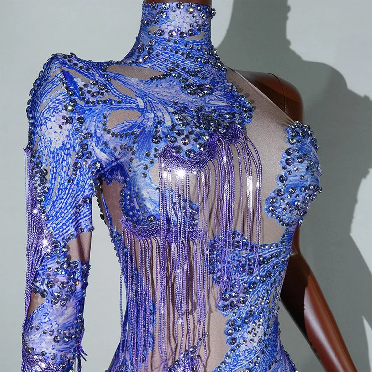 Leopard Sequin Fringe Asymmetrical Bodysuit One-Sleeve Stage Performance Costume
