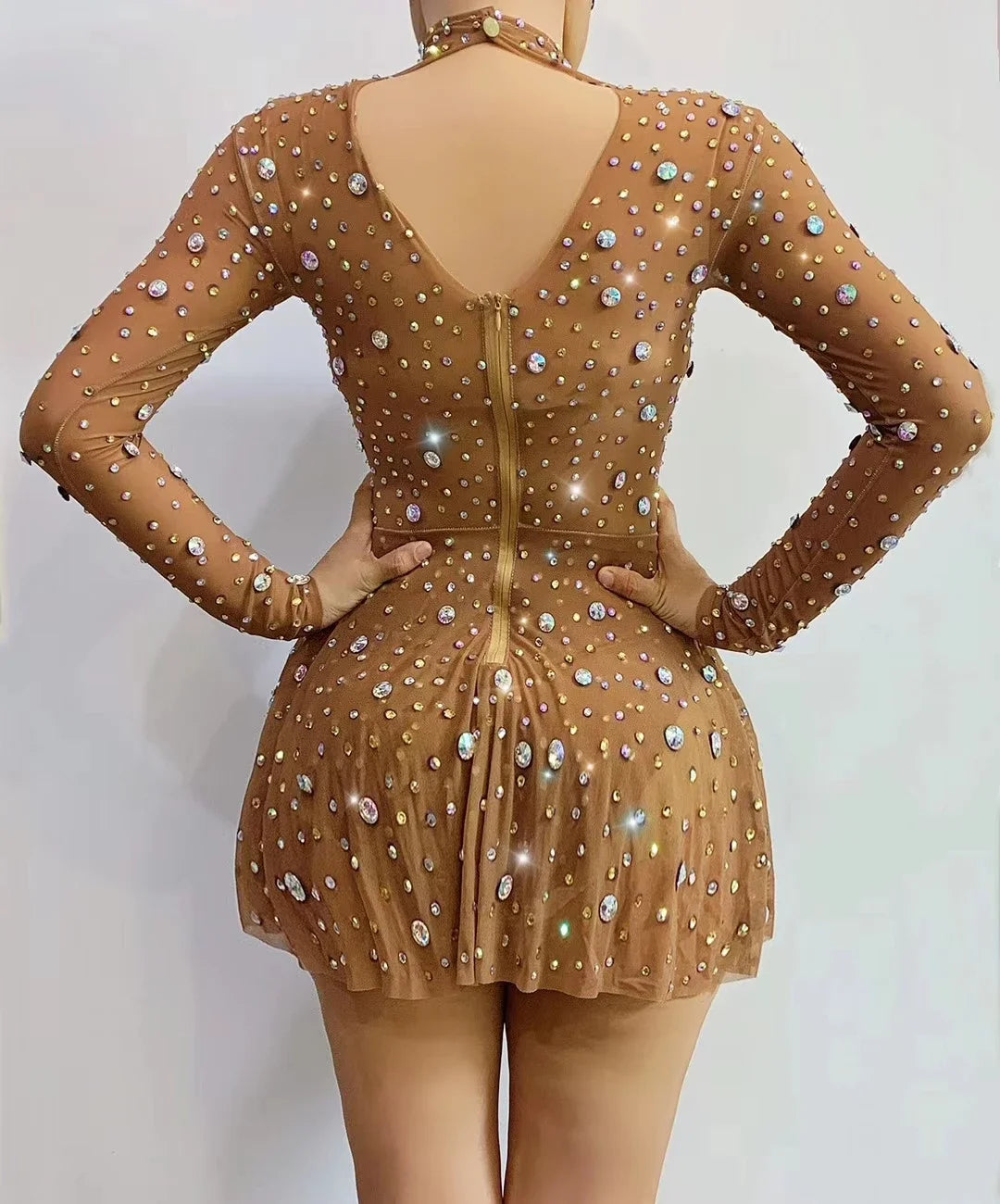 Transparent Rhinestone High-Collar Mini Dress & Stage Performance Costume