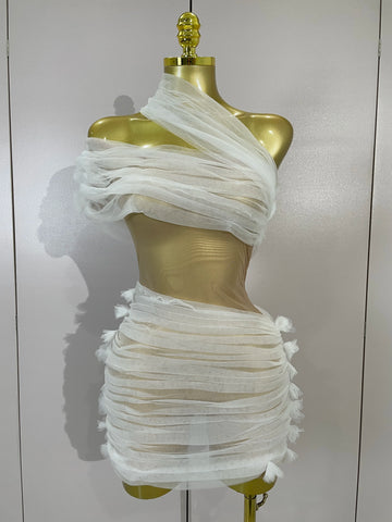 Vintage-Inspired White One-Shoulder Mesh Party Dress