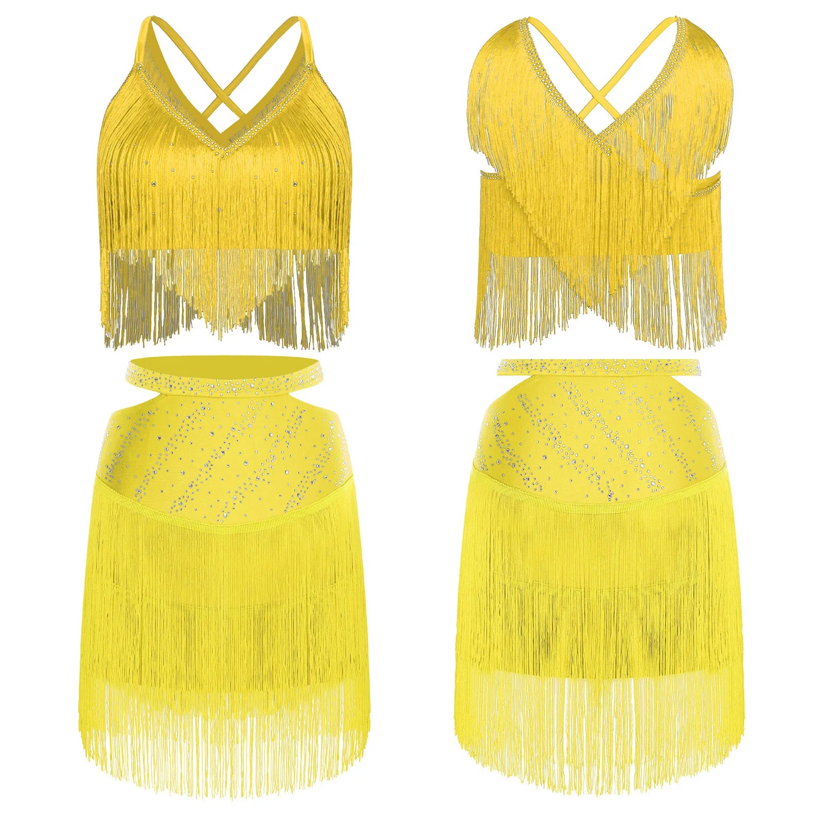 Sparkly Rhinestone & Tassel Fringe Two-Piece Latin Tango Dance Outfit Set