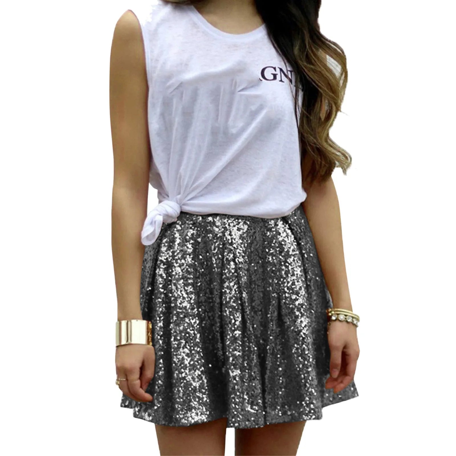 Sequin High Waist Pleated A-Line Skirt