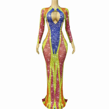 Women's Colorful Rhinestone Hollow-Out Mesh Long Dress | Twinkling Body-Con Gown for Red Carpet & Party